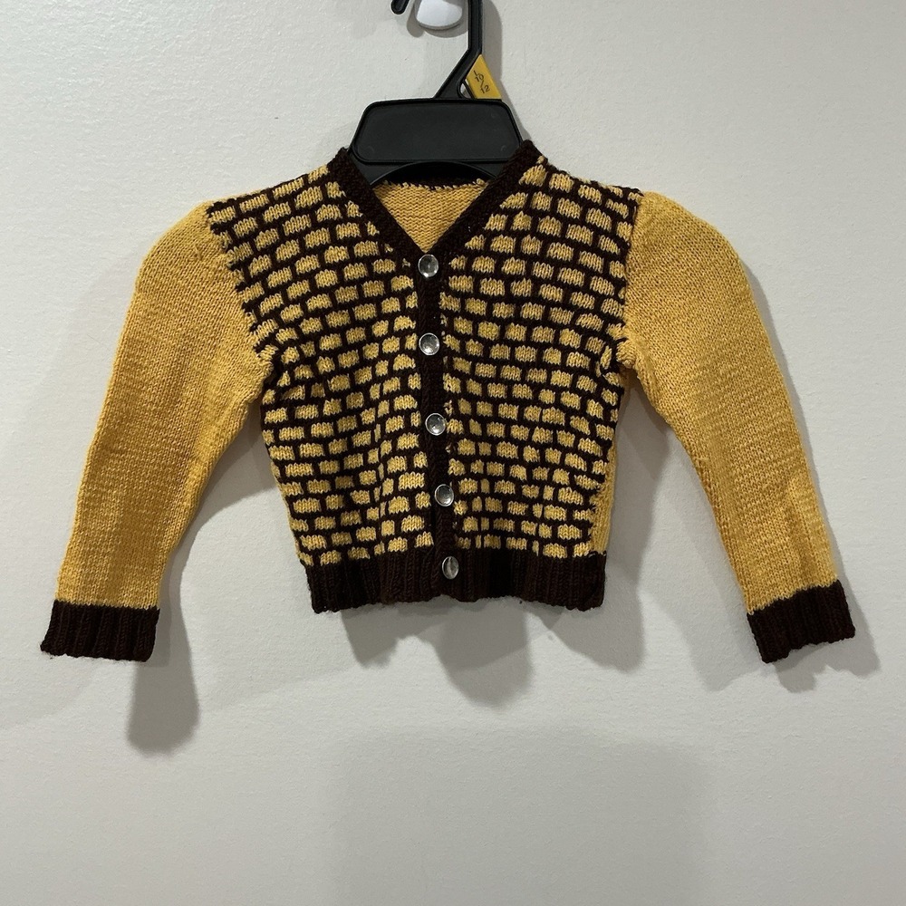 Vintage Hand Knit Jacquard Cardigan Sweater Child  Size 2T * See‎ Measurement
